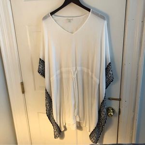 Garnet Hill embroidered swim coverup Kaftan in gauzy white with black trim